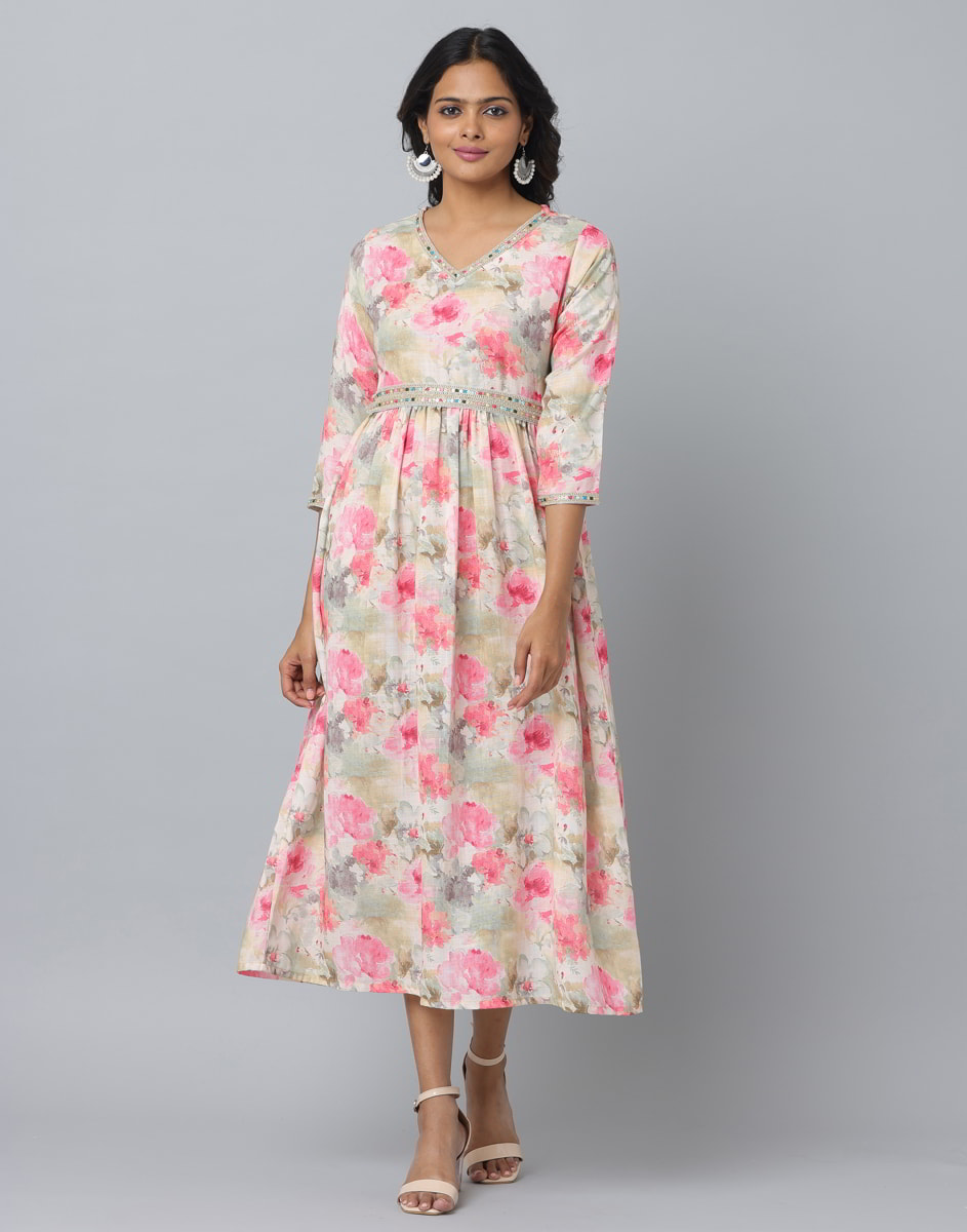 Floral Print 3/4 Sleeve Ethnic Dress