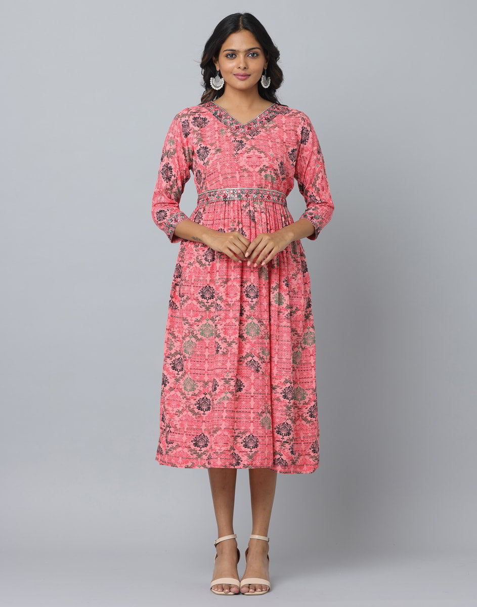 Floral Print 3/4 Sleeve Ethnic Dress