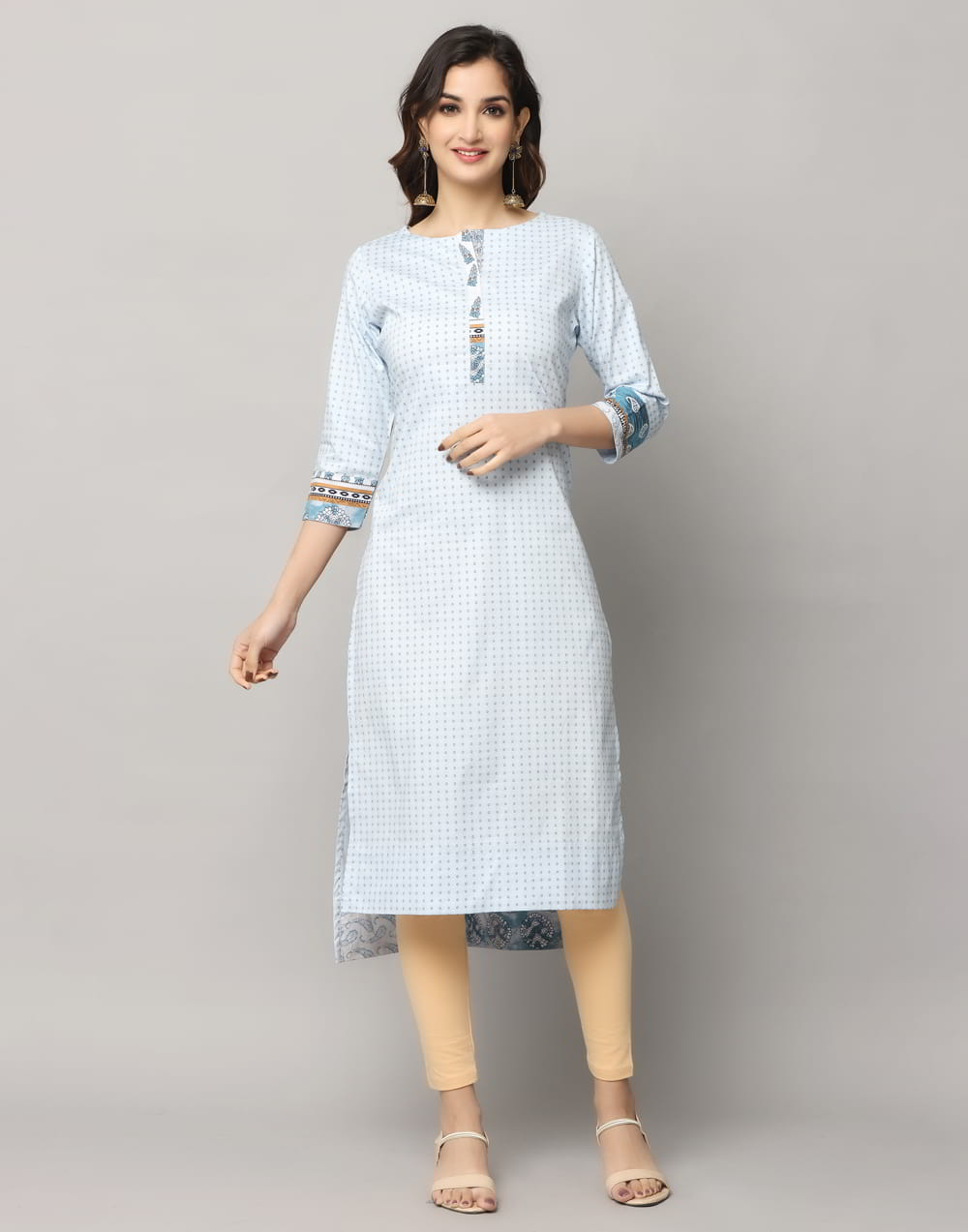 Dot Print Straight Cut Slim Fit 3/4th Sleeve Kurta