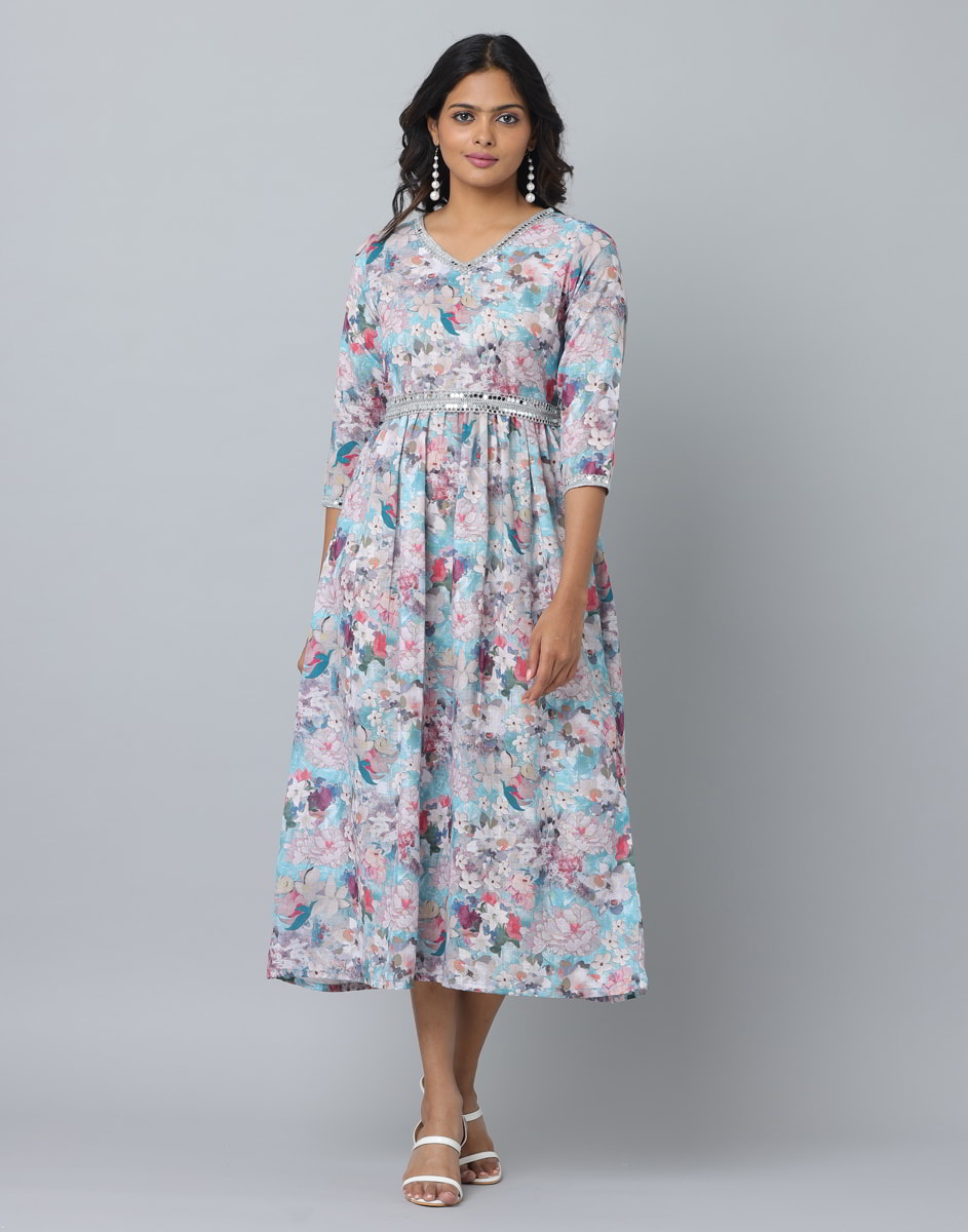 Floral Print 3/4 Sleeve Ethnic Dress