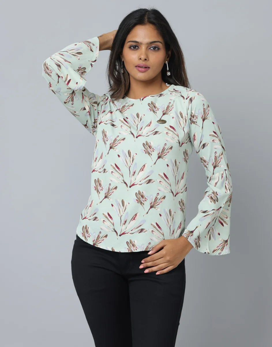 Anavarana Round Neck Floral Print Top WIth Flared with full Sleeves