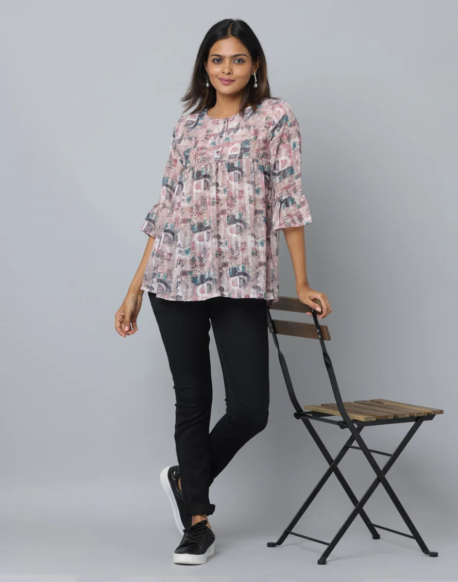 Anavarana Printed Frock Style Short Top WIth 3/4 Frilled End Sleeve