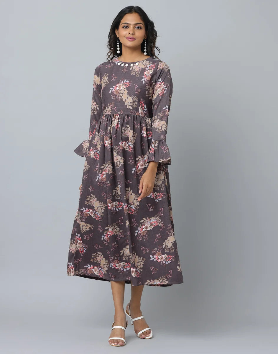 Floral Print Slim Fit Long Flared Sleeve Casual Dress