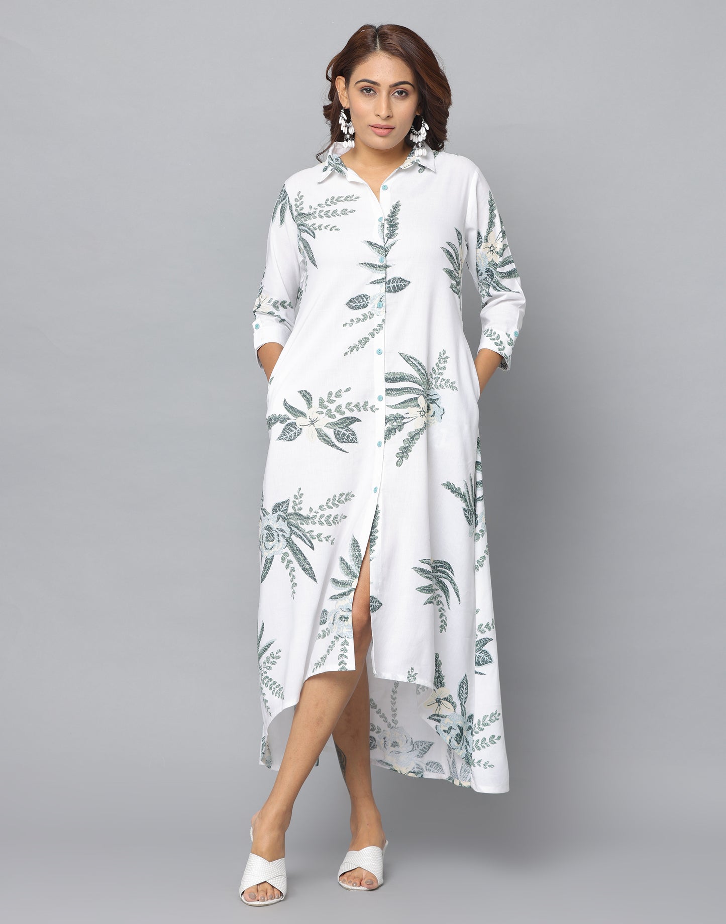 Floral Print Slim Fit 3/4th Sleeve Dress With Side Pockets