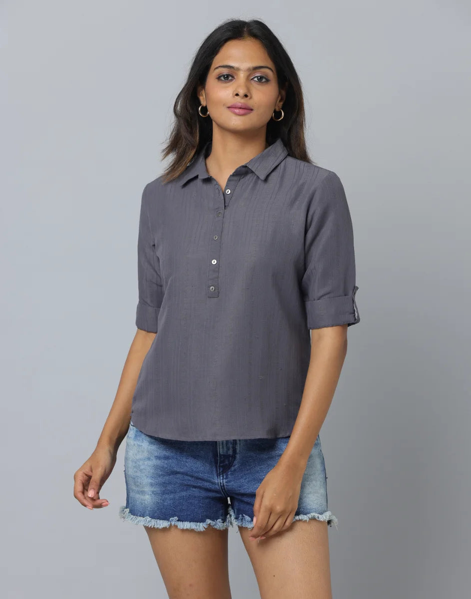 Anavarana Solid Collar Shirt with Elbow Sleeves