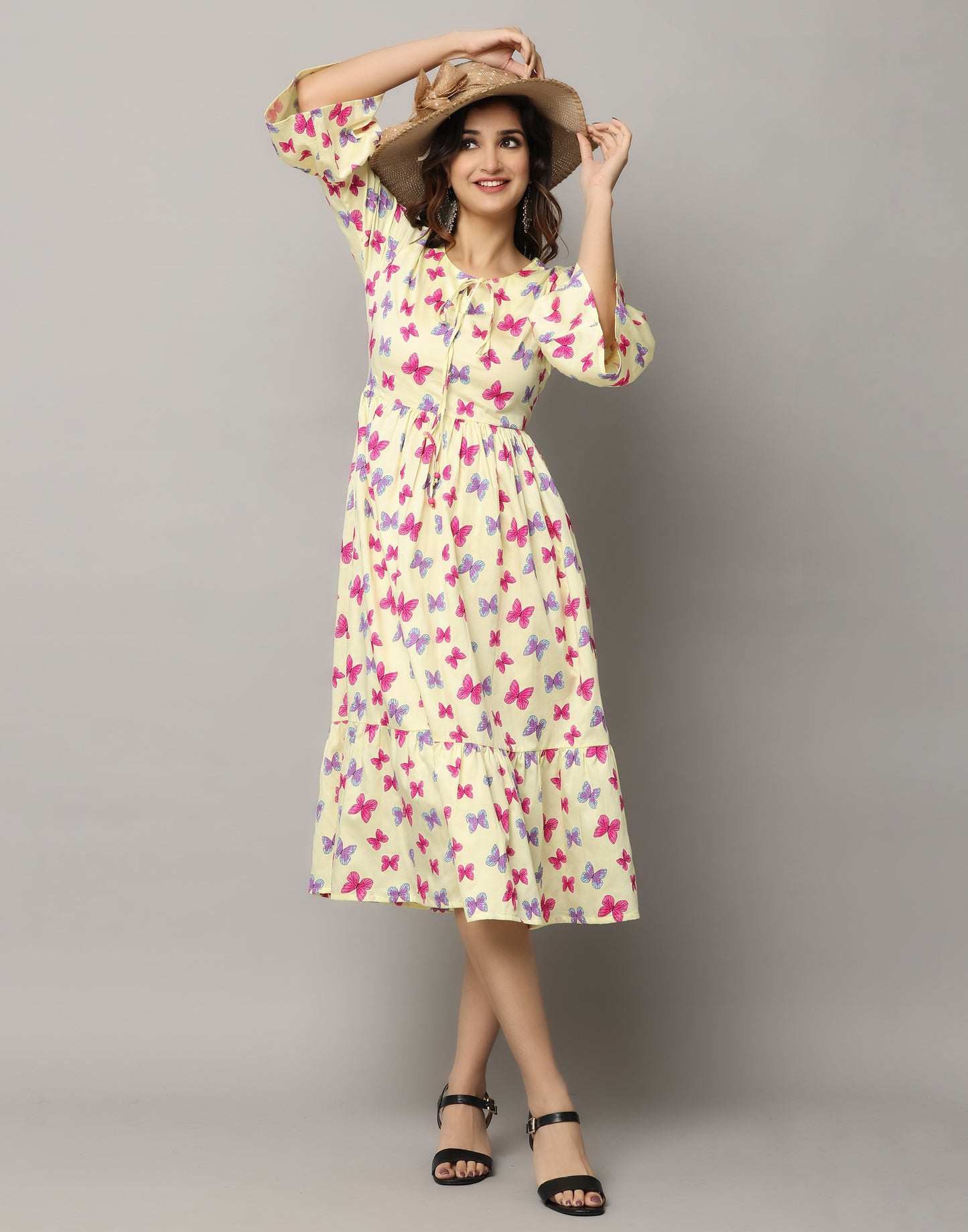 Butterfly Print Anarkali Slim Fit 3/4th Sleeve Kurta