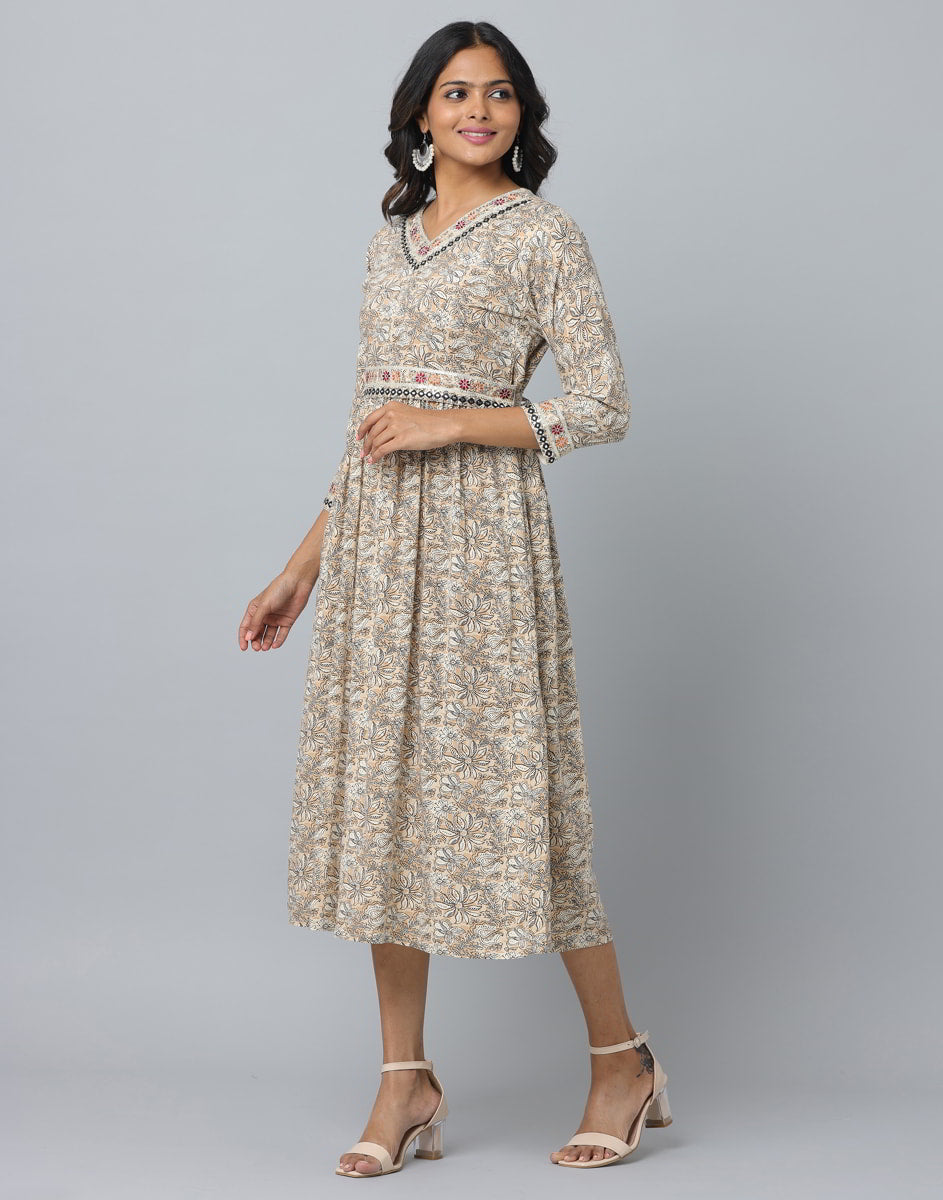 Floral Print 3/4 Sleeve Ethnic Dress