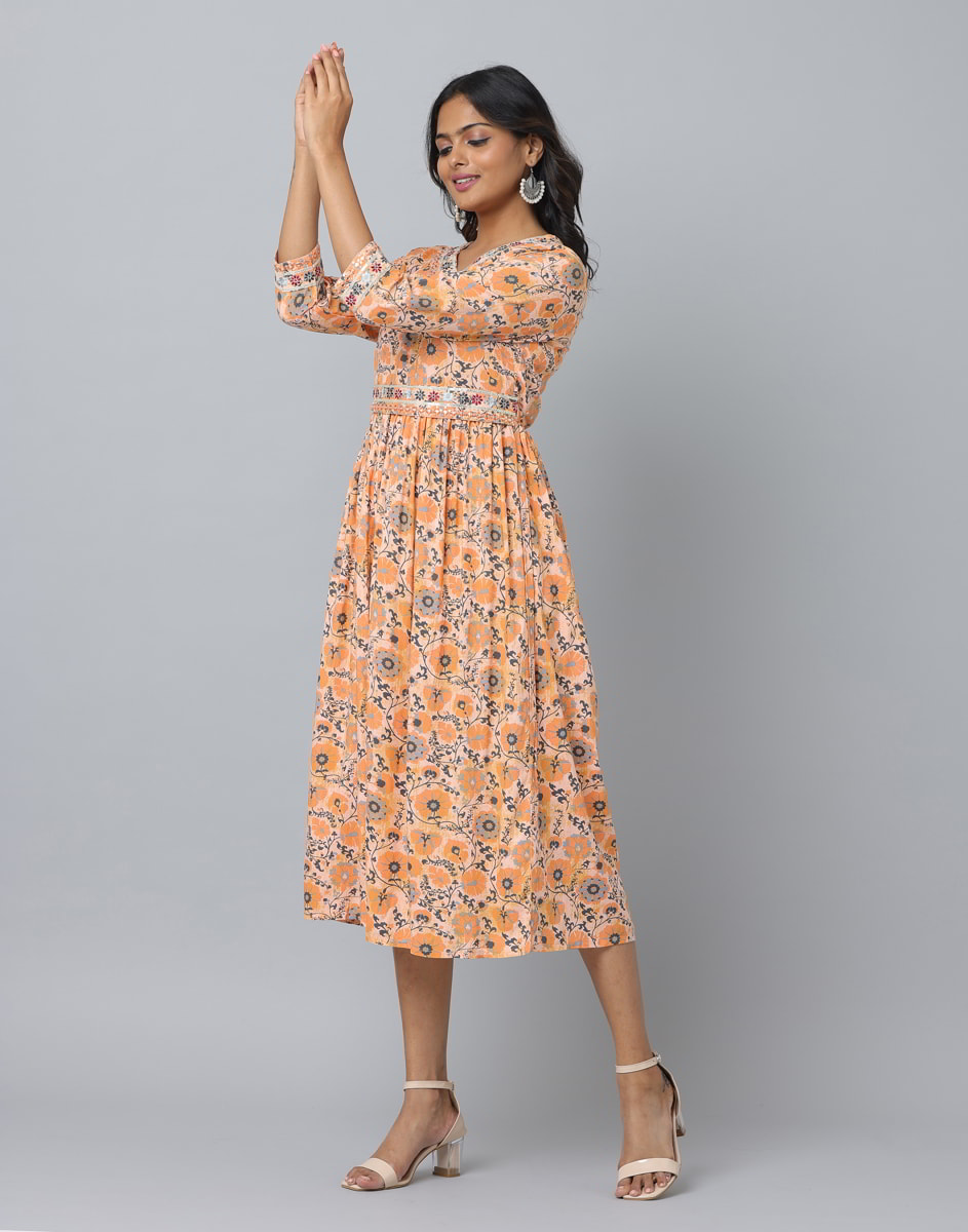 Floral Print 3/4 Sleeve Ethnic Dress