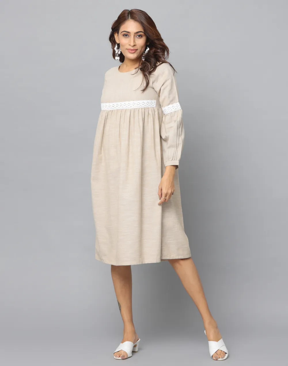 Solid Slim Fit Frilled Sleeve Dress