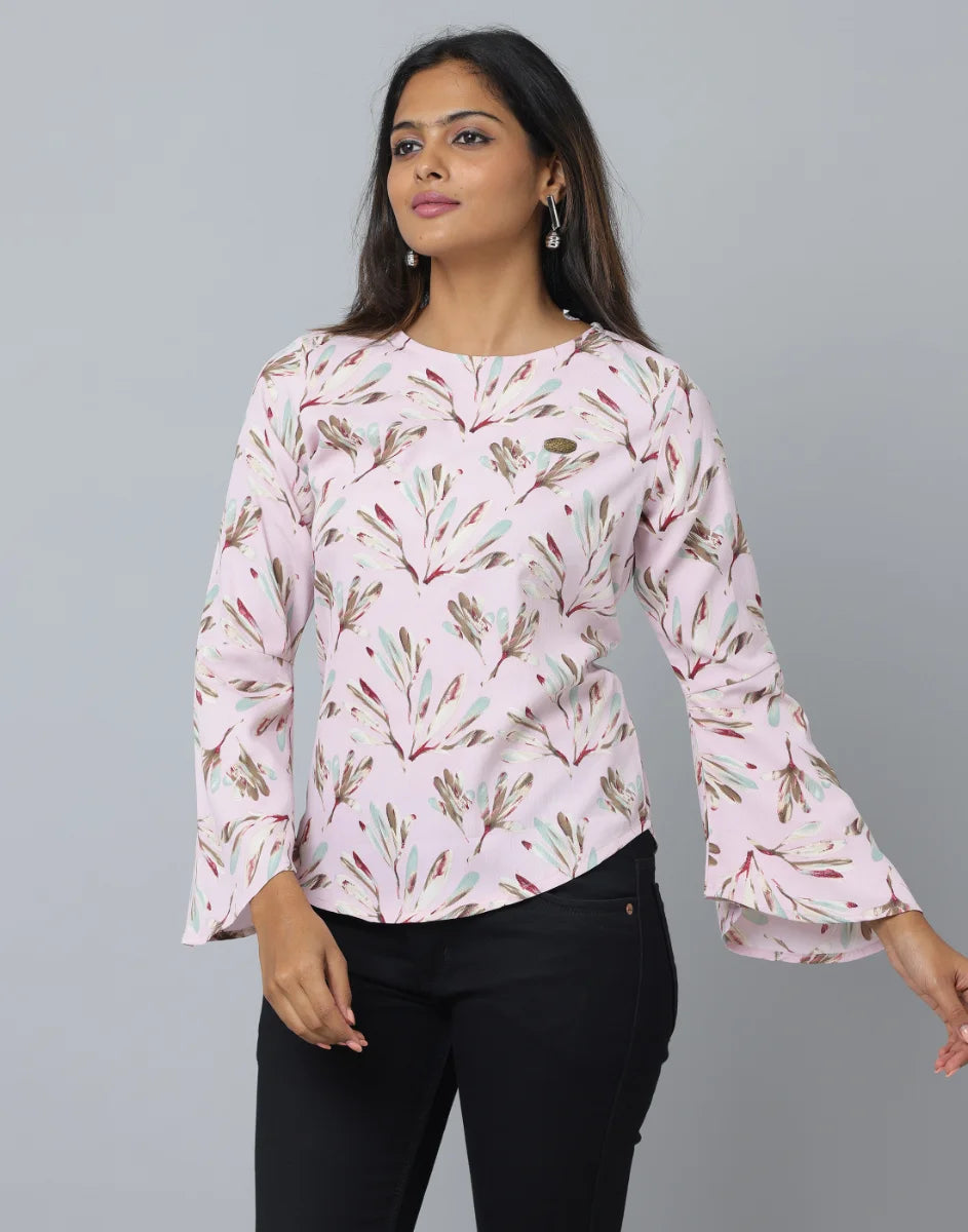 Anavarana Round Neck Floral Print Top WIth Flared with full Sleeves