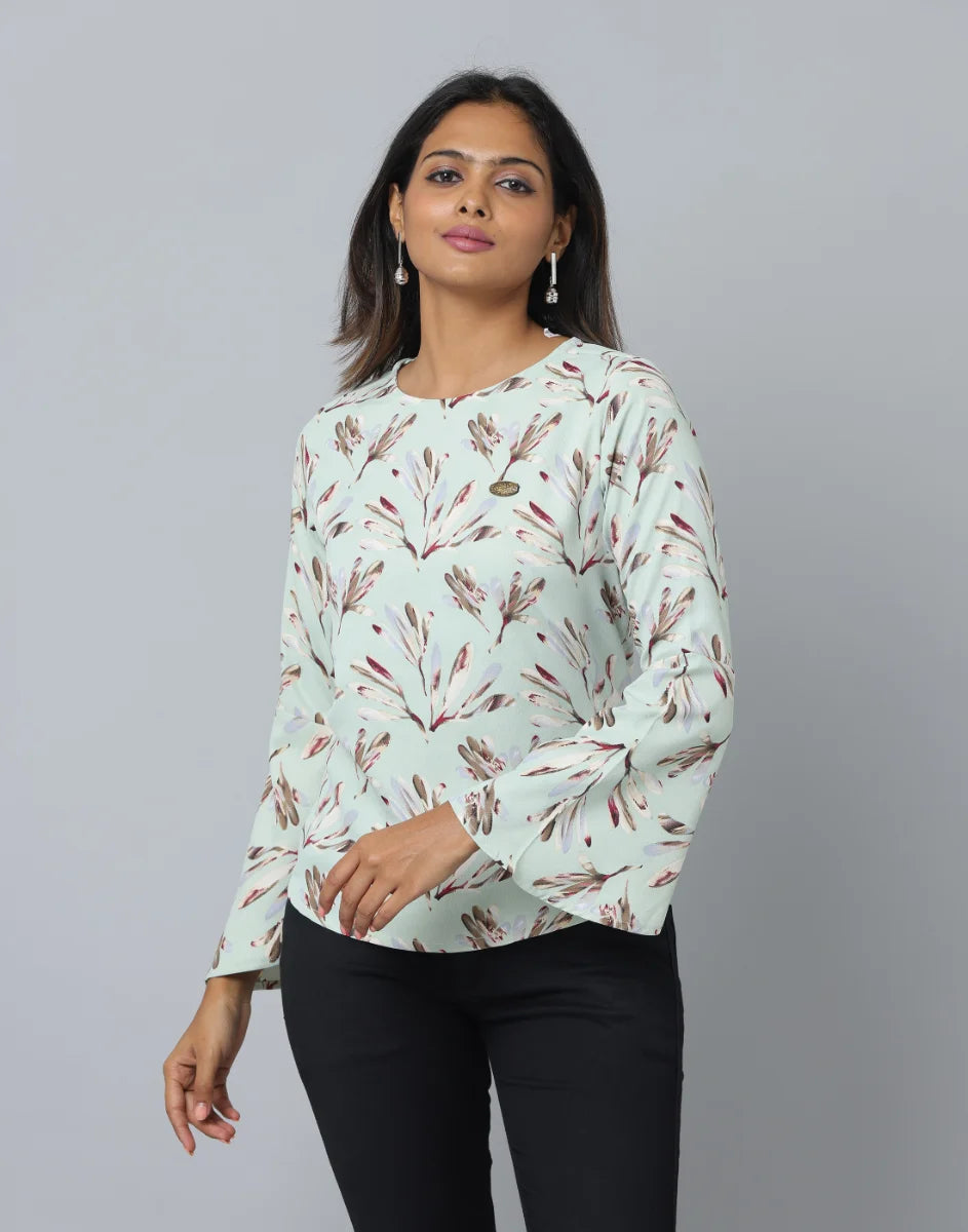 Anavarana Round Neck Floral Print Top WIth Flared with full Sleeves