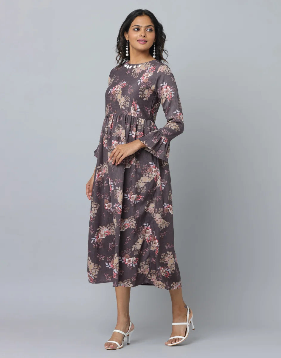 Floral Print Slim Fit Long Flared Sleeve Casual Dress