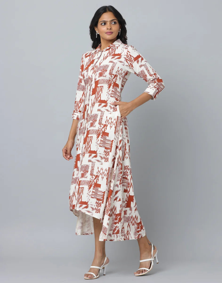 Abstract Print Loose Fit 3/4th Sleeve Dress  With Side Pockets