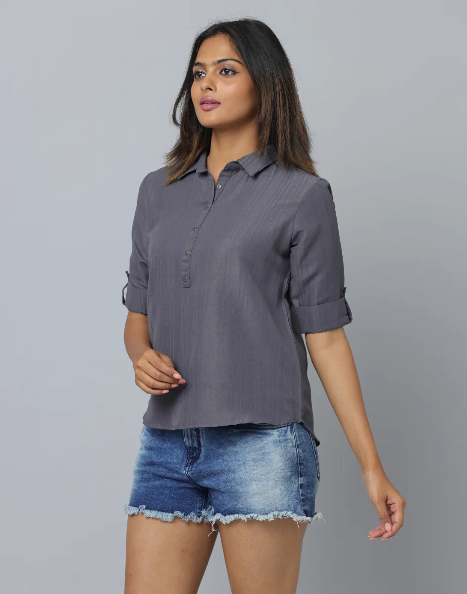 Anavarana Solid Collar Shirt with Elbow Sleeves