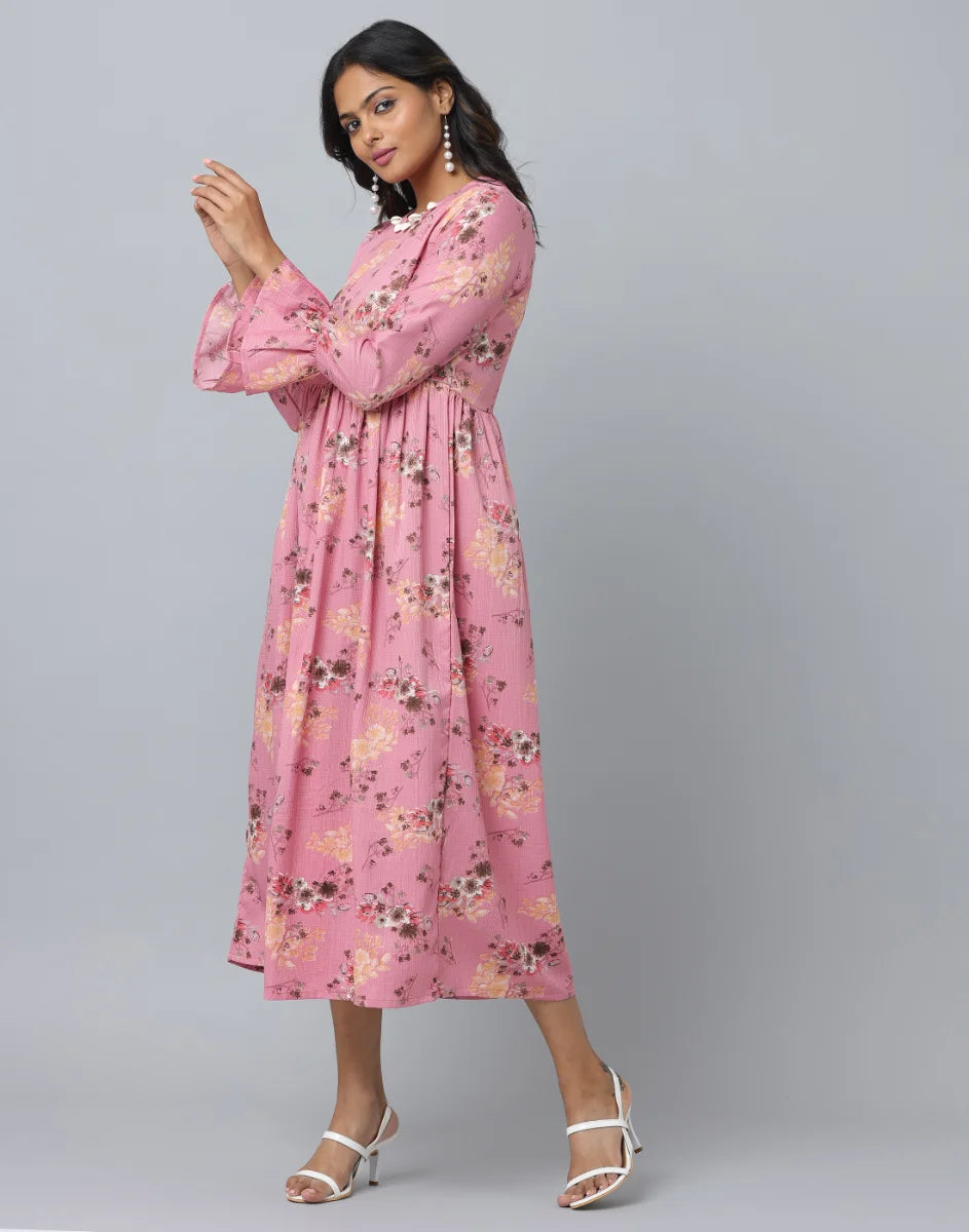 Floral Print Slim Fit Long Flared Sleeve Casual Dress