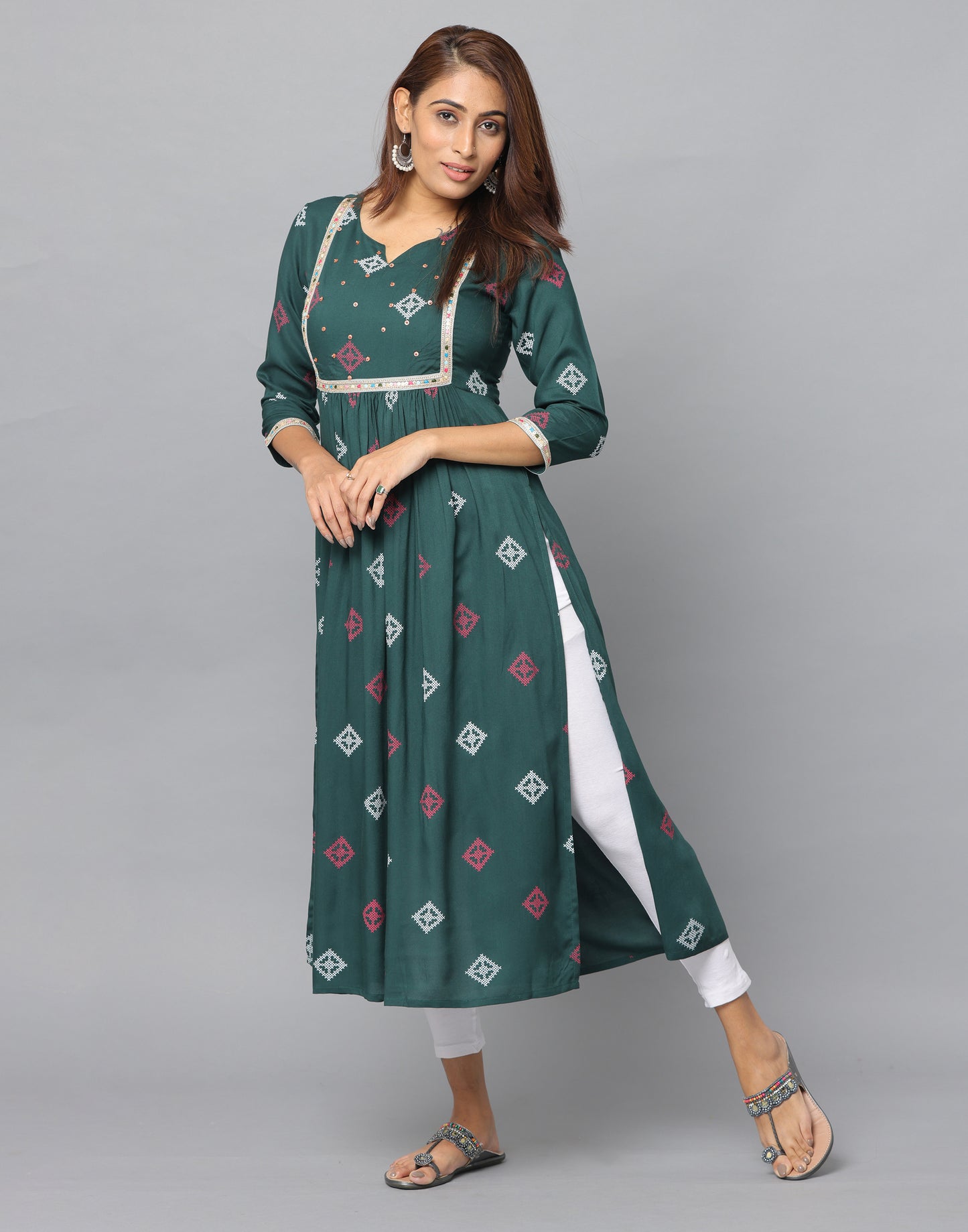 Floral Print Slim Fit 3/4th Sleeve Kurta