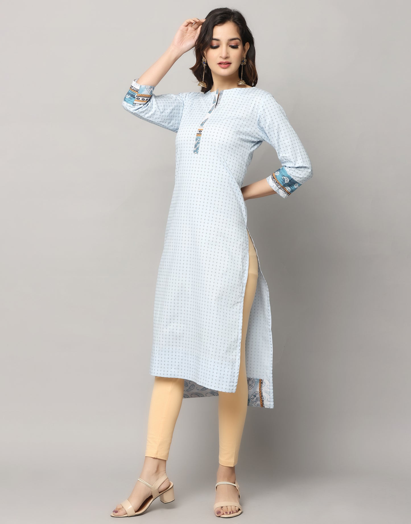 Dot Print Straight Cut Slim Fit 3/4th Sleeve Kurta