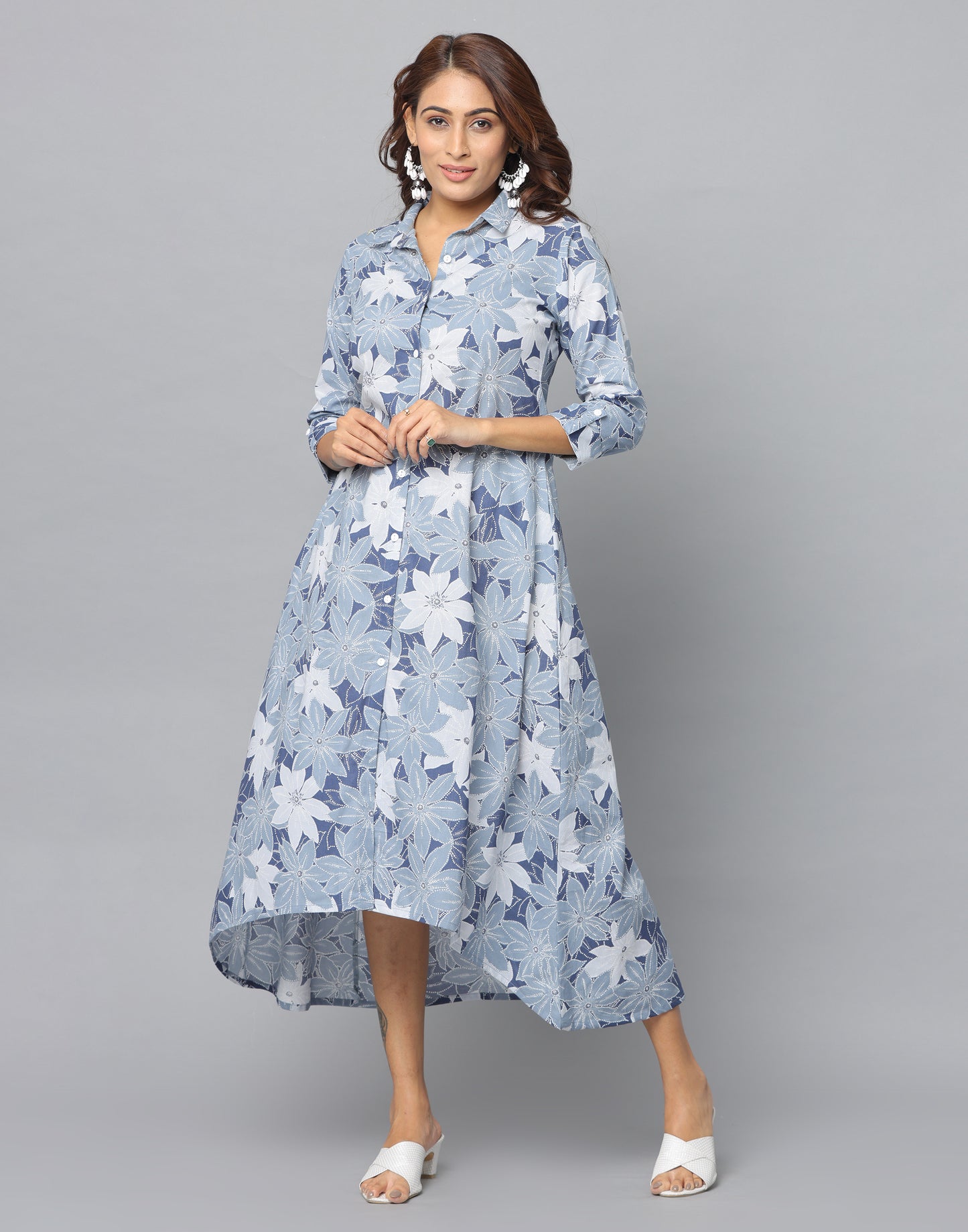 Floral Print Slim Fit 3/4th Sleeve Dress With Side Pockets