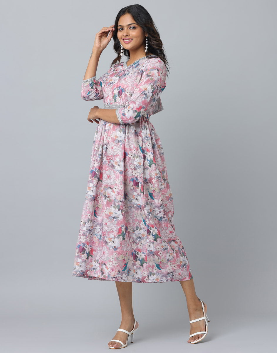 Floral Print 3/4 Sleeve Ethnic Dress