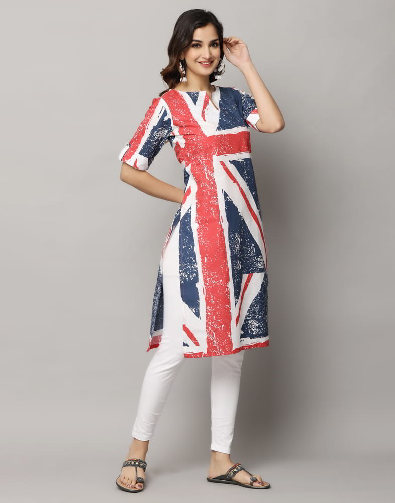 Flag Print Straight Cut Slim Fit Elbow Length Kurti