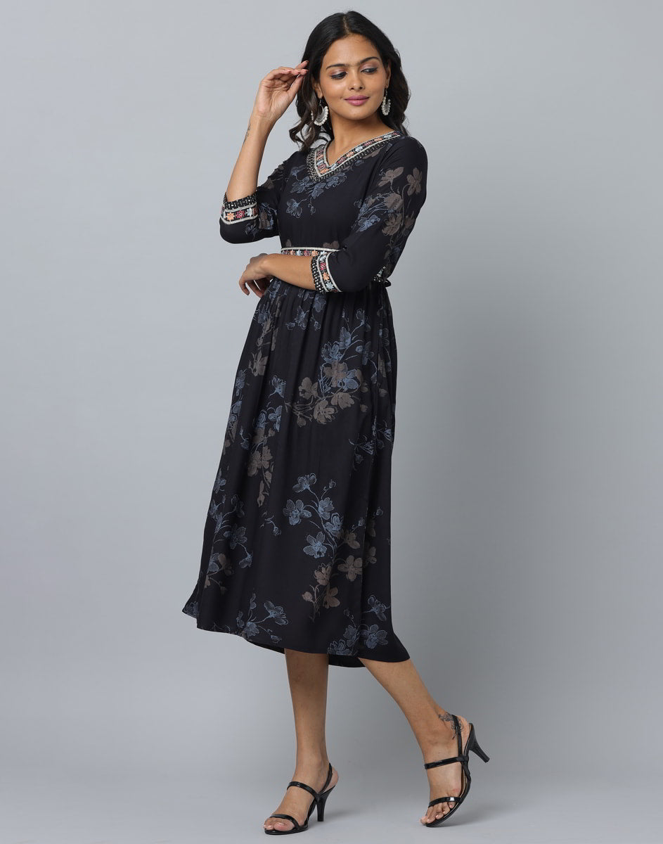 Floral Print 3/4 Sleeve Ethnic Dress