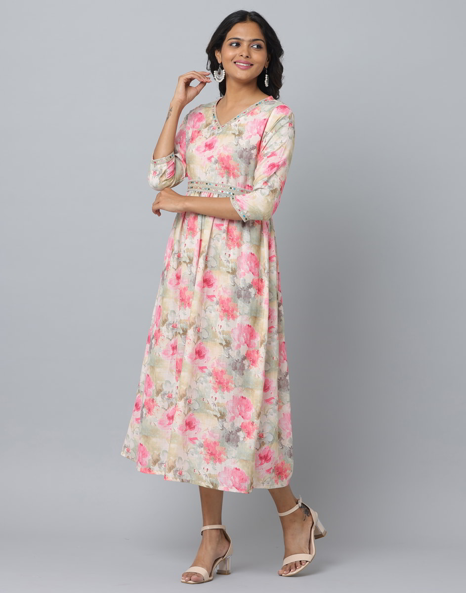 Floral Print 3/4 Sleeve Ethnic Dress