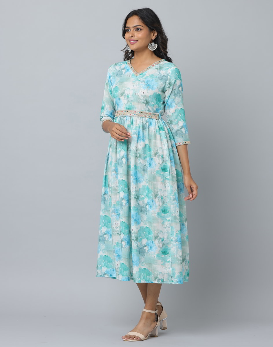 Floral Print 3/4 Sleeve Ethnic Dress