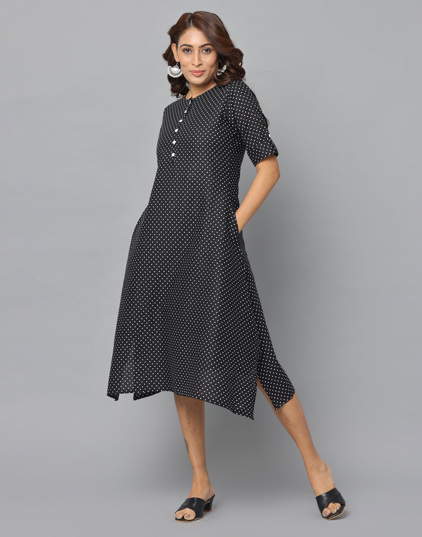 Polka Dot Casual Fit Side Slit Half Sleeve A Line Dress