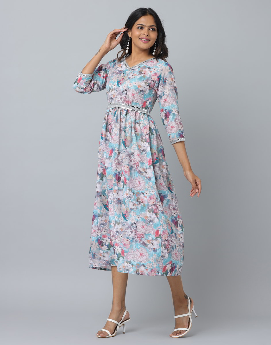 Floral Print 3/4 Sleeve Ethnic Dress