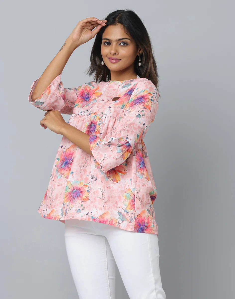 Anavarana 3/4 Sleeve Frock Style Floral Short Top