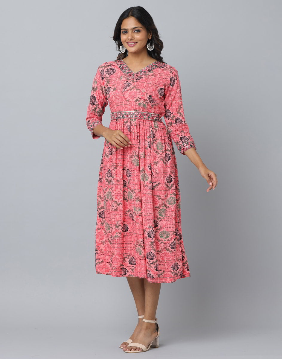 Floral Print 3/4 Sleeve Ethnic Dress