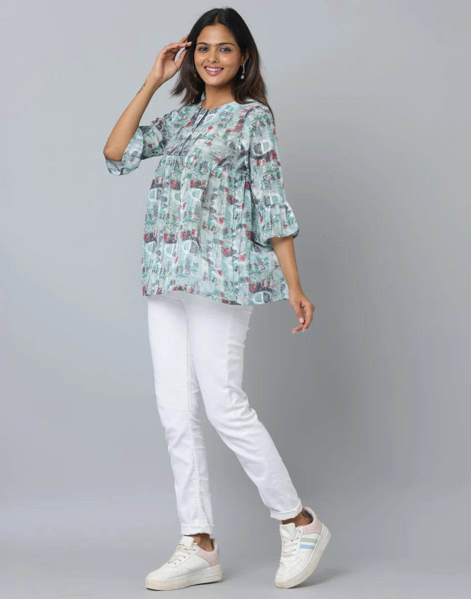 Anavarana Printed Frock Style Short Top WIth 3/4 Frilled End Sleeve