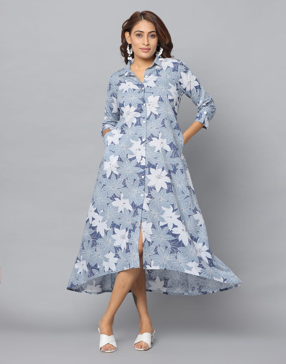 Floral Print Slim Fit 3/4th Sleeve Dress With Side Pockets