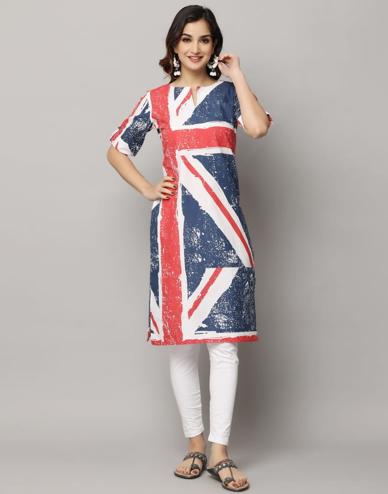 Flag Print Straight Cut Slim Fit Elbow Length Kurti