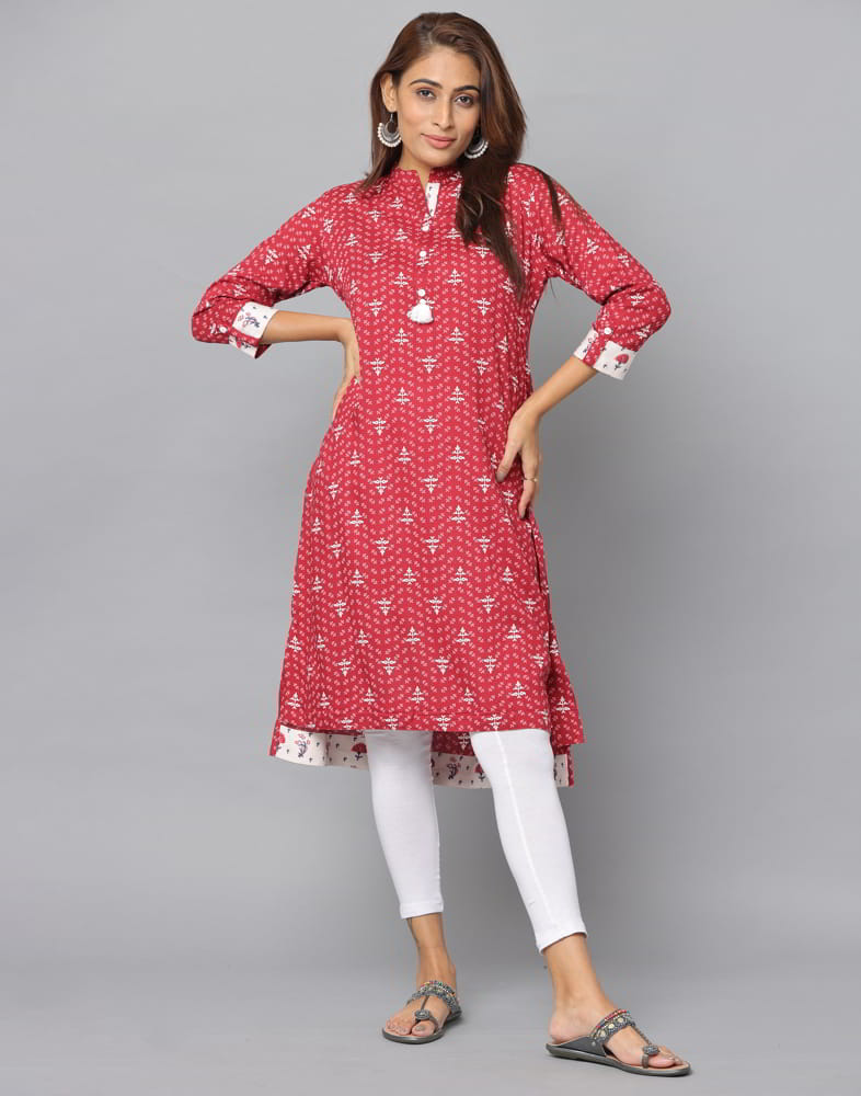 Floral Print Mandarin Collar Slim Fit 3/4th Sleeve Kurta