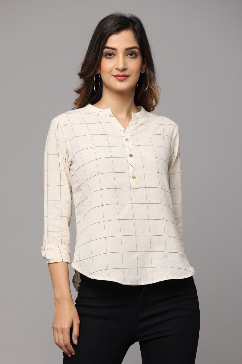 High V Neck Top 3/4th Sleeve With Cuff & Button