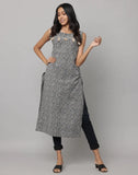 Grey Floral Print Sleeveless Kurta with Tassels