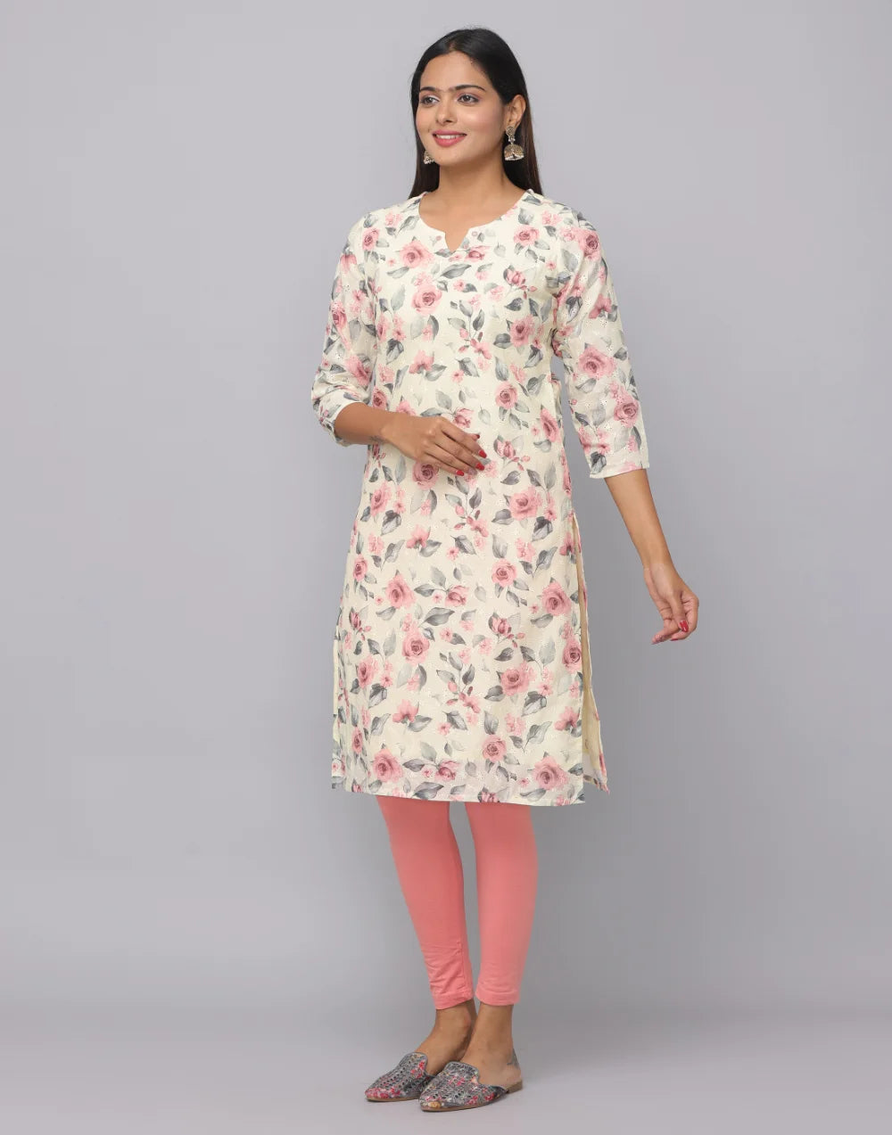 Light Yellow and Peach Floral Decolette Neck Kurta with 3/4 Sleeves