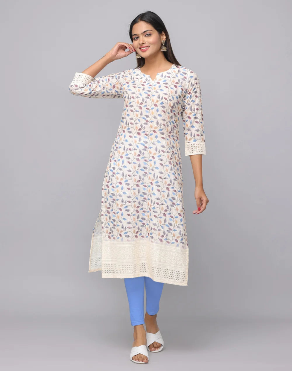 Stylish Cream Floral Kurta with 3/4 Sleeves and Embroidery