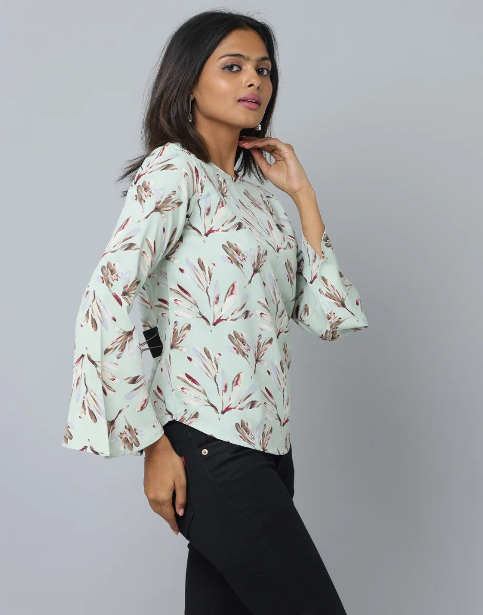 Anavarana Round Neck Floral Print Top WIth Flared with full Sleeves