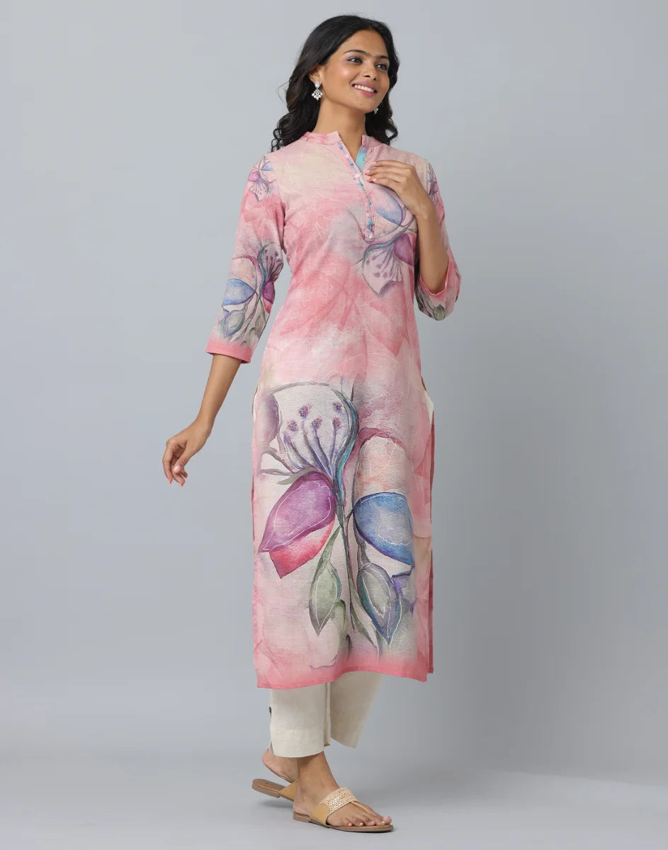 Anavarana Printed Kurta With Mandarin Collar WIth 3/4 Length Sleeve