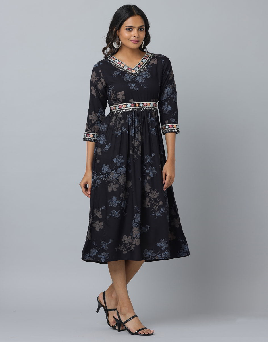 Floral Print 3/4 Sleeve Ethnic Dress