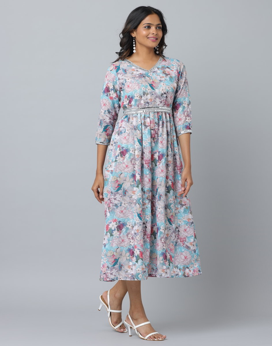 Floral Print 3/4 Sleeve Ethnic Dress