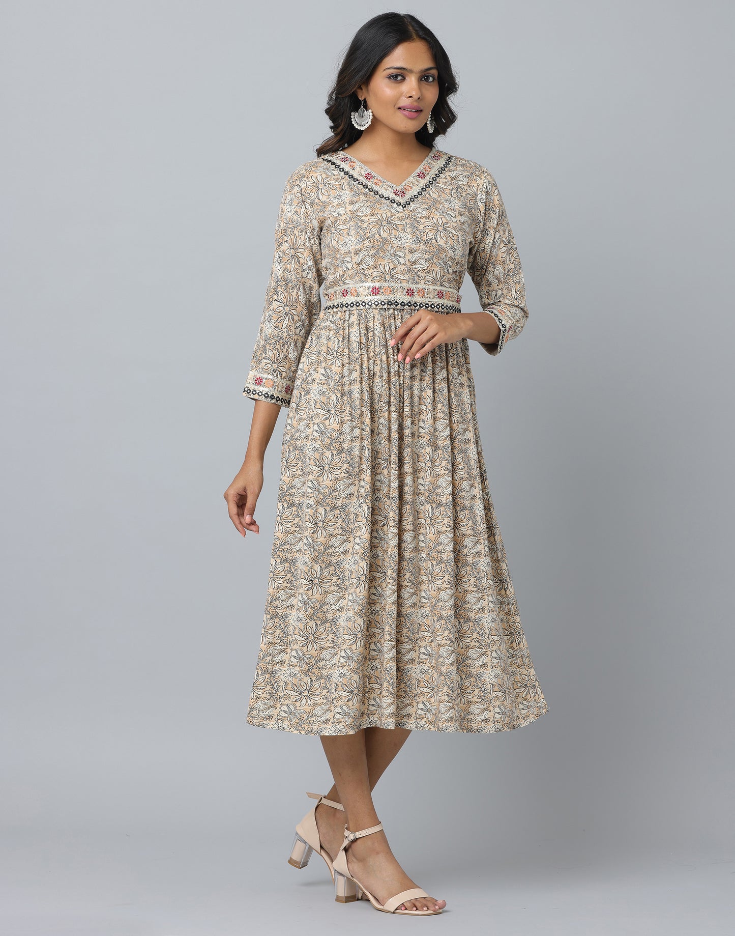 Floral Print 3/4 Sleeve Ethnic Dress