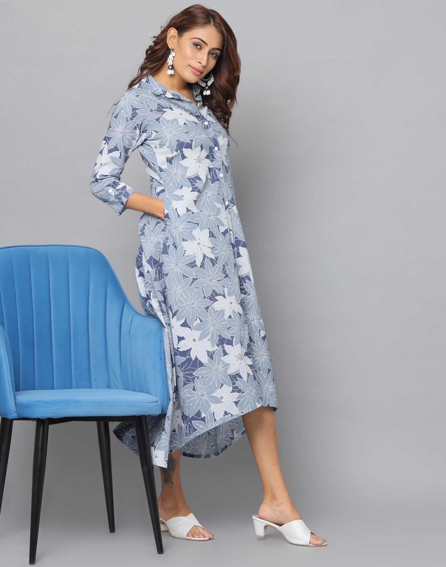 Floral Print Slim Fit 3/4th Sleeve Dress With Side Pockets