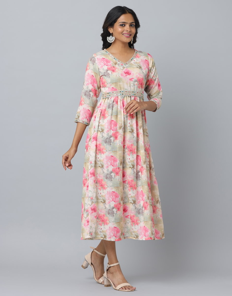 Floral Print 3/4 Sleeve Ethnic Dress