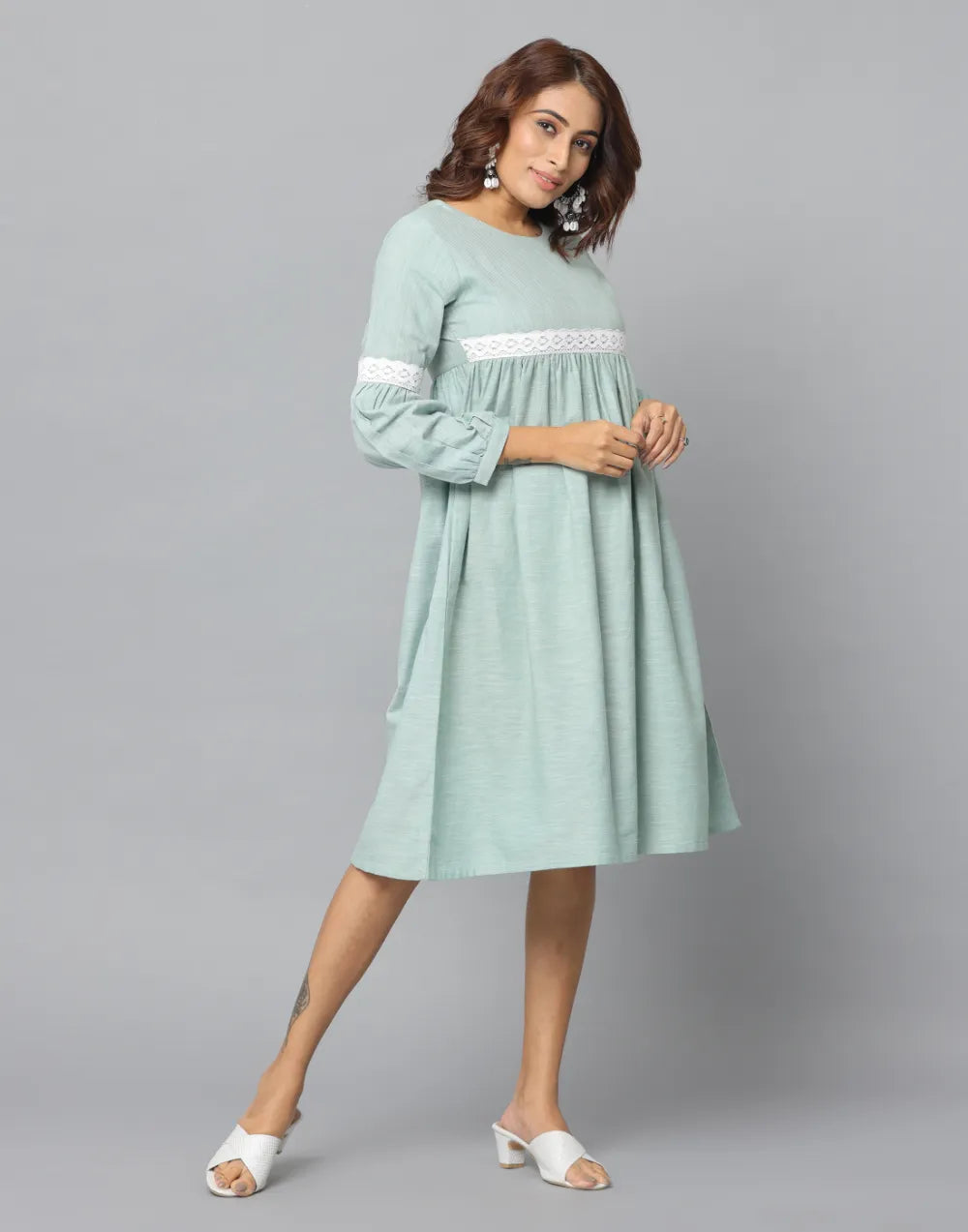 Solid Slim Fit Frilled Sleeve Dress