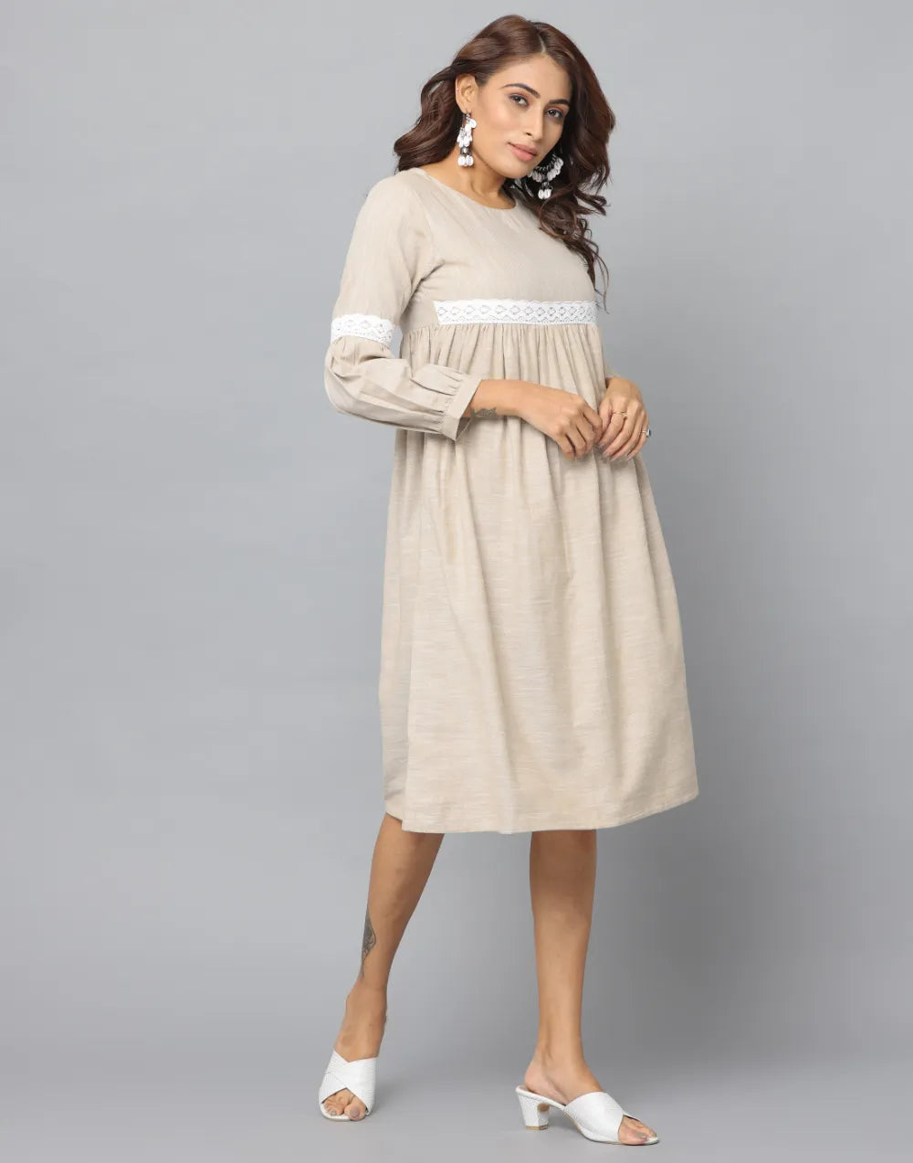 Solid Slim Fit Frilled Sleeve Dress