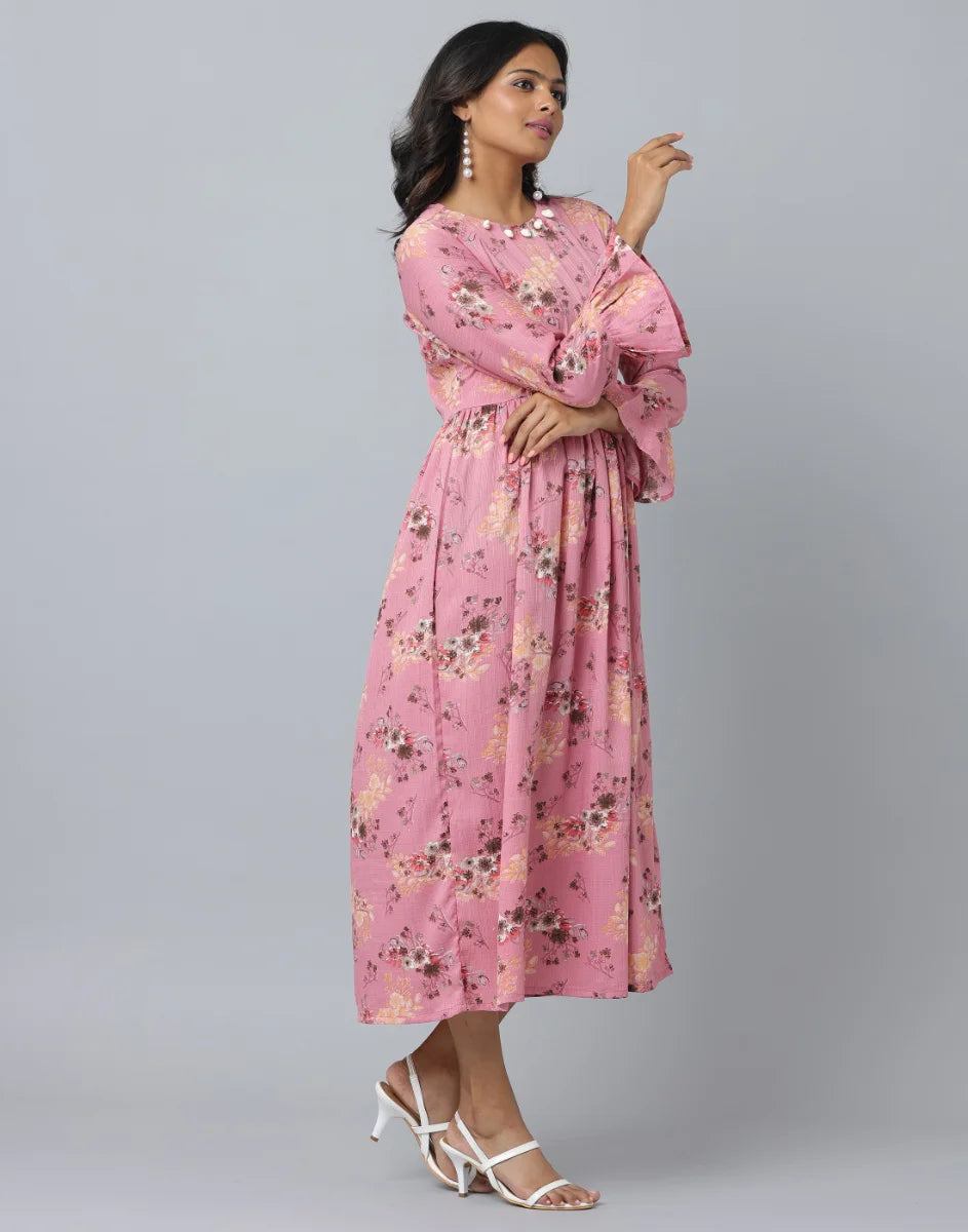 Floral Print Slim Fit Long Flared Sleeve Casual Dress