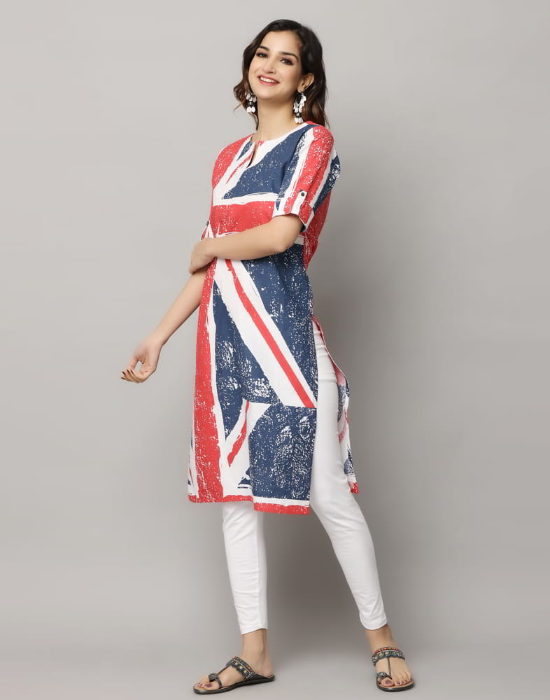 Flag Print Straight Cut Slim Fit Elbow Length Kurti